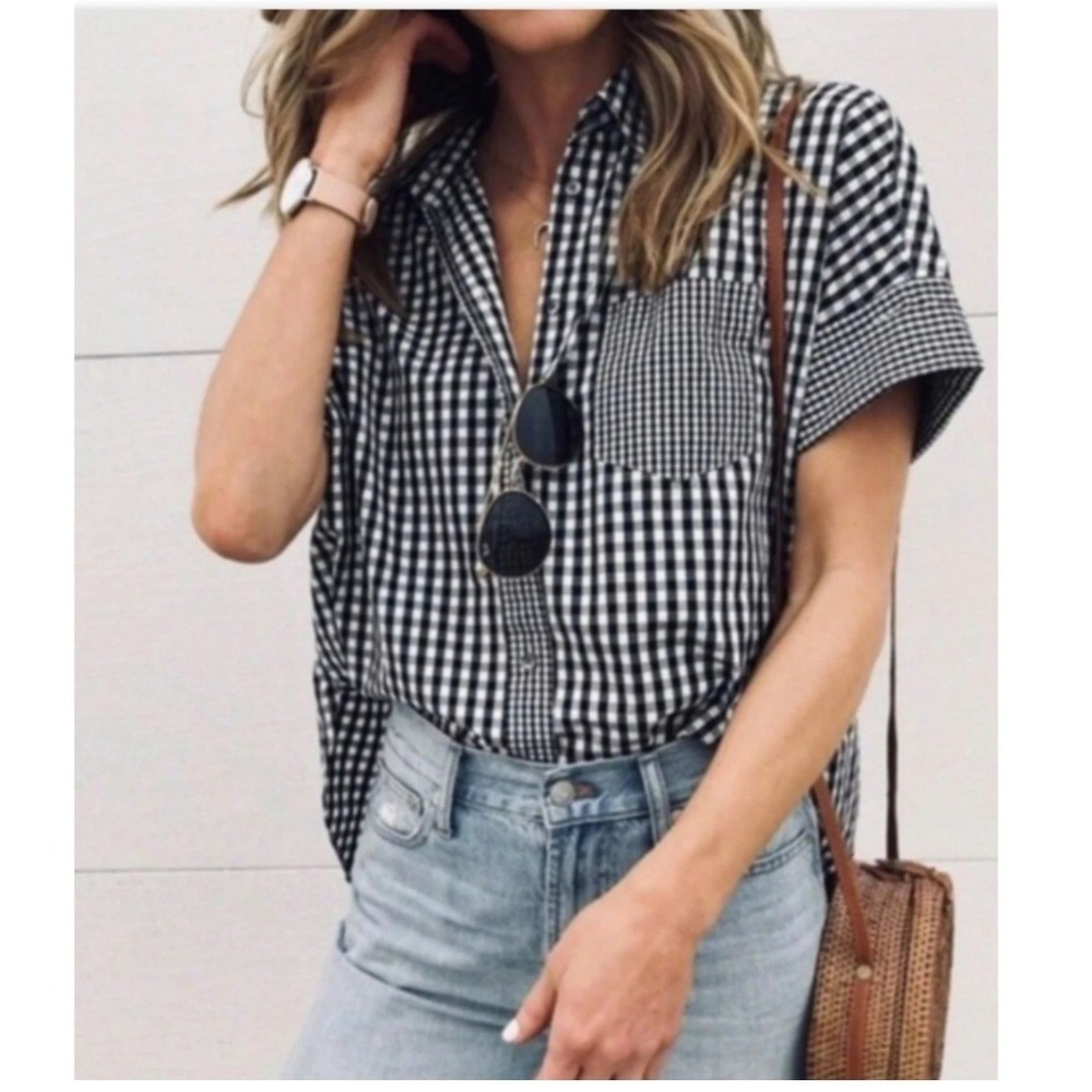 Madewell Button Down Shirt L Black Gingham Play Plaid Short Sleeve Oversized